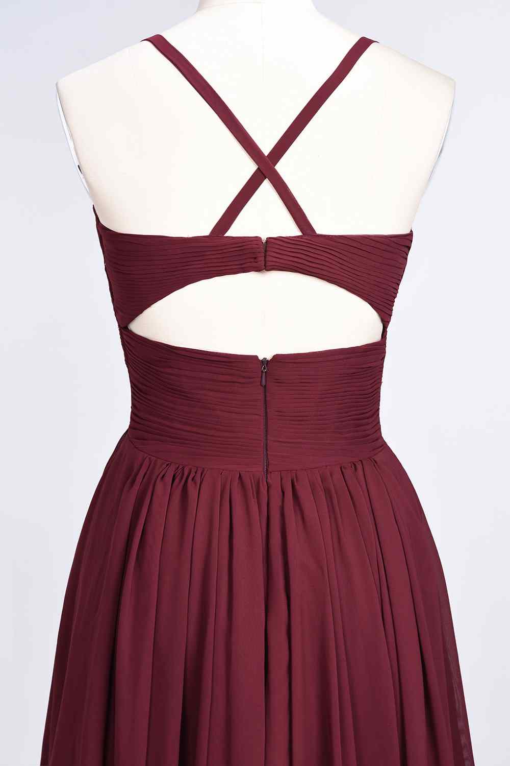 Burgundy A-line V Neck Pleated Crossed Back Chiffon Long Bridesmaid Dress