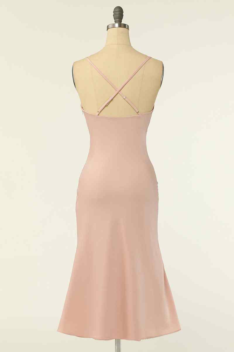 Blushing Pink Mermaid Cowl Neck Chiffon Lace-Up Back knee Length Bridesmaid Dress