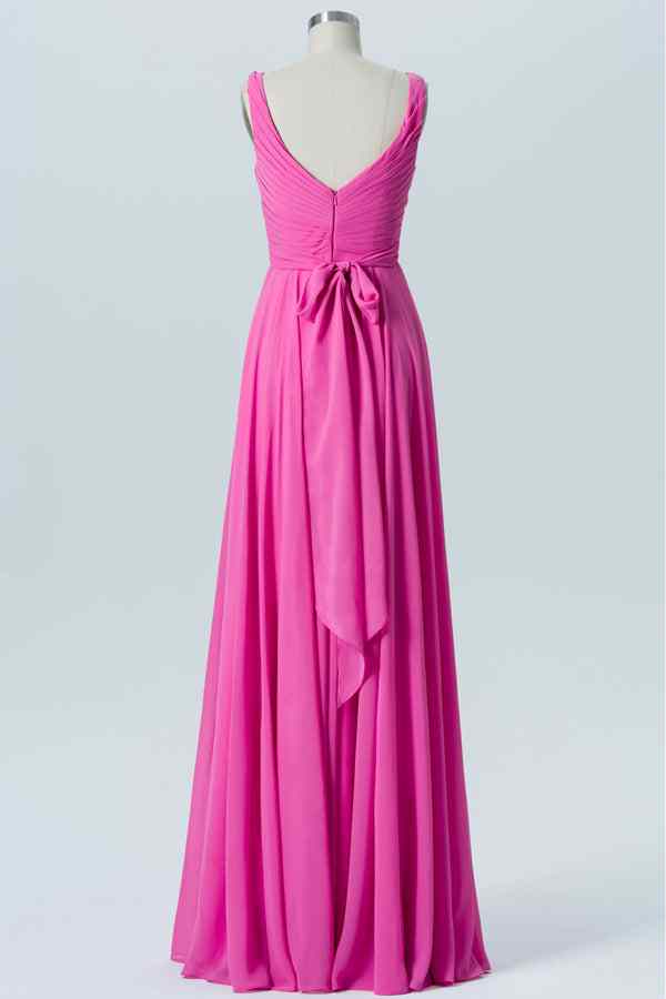Fuchsia A-line V Neck Chiffon Pleated Sash Long Bridesmaid Dress