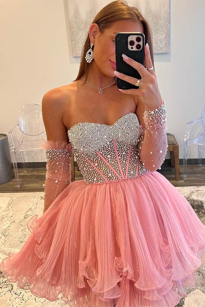 Hot Pink A-Line Ruffled Strapless Corset Sequins Homecoming Dress