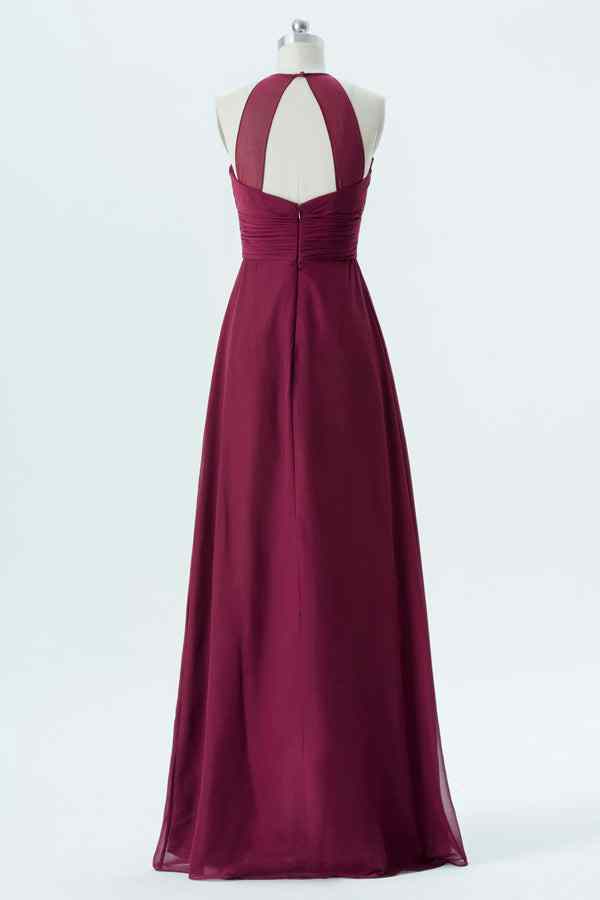 Mulberry A-line Halter Cut-Out Back Chiffon Long Bridesmaid Dress