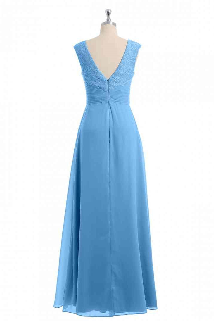 Blue A-line V Neckline Chiffon Lace Long Bridesmaid Dress