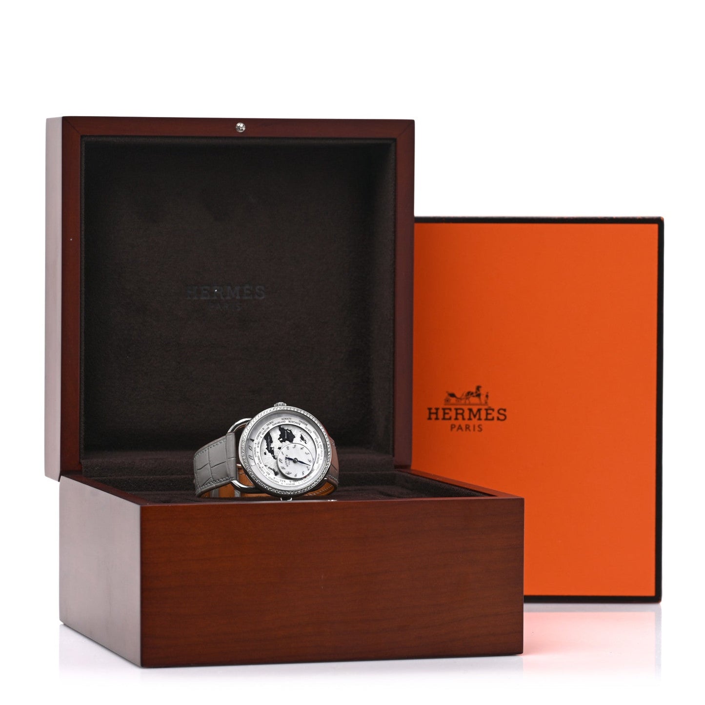 Stainless Steel Alligator Diamond Bezel Mother of Pearl 38mm Arceau Le Temps Voyageur Automatic Watch Gris Perle