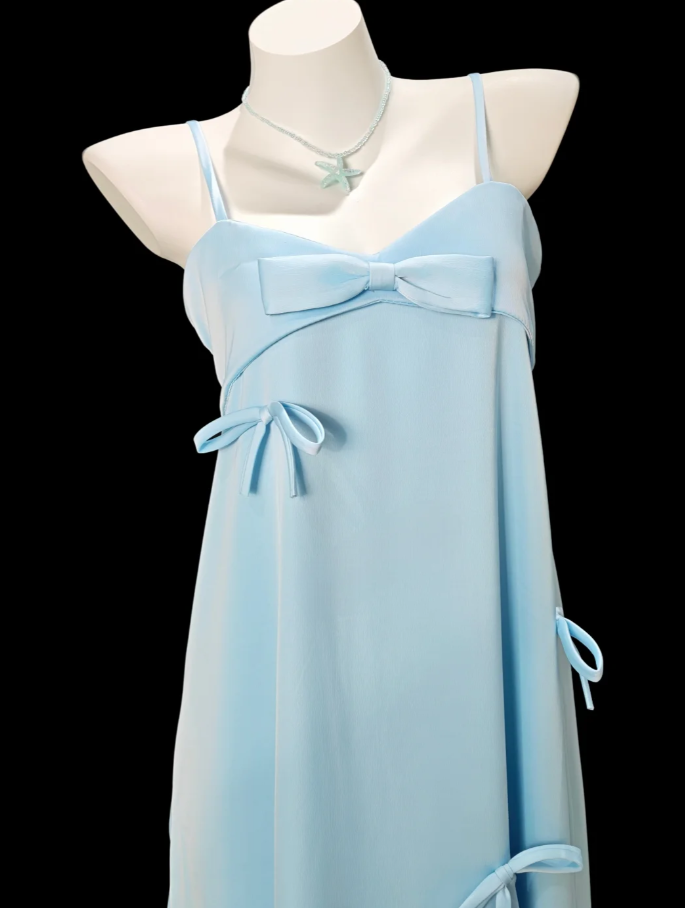 Classy Spaghetti Straps Blue Bow Satin Long Party Dress Birthday Prom Dress SP1919