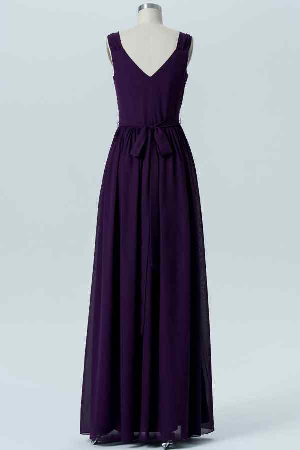 Dark Purple A-line V Neck Pleated Chiffon Long Bridesmaid Dress