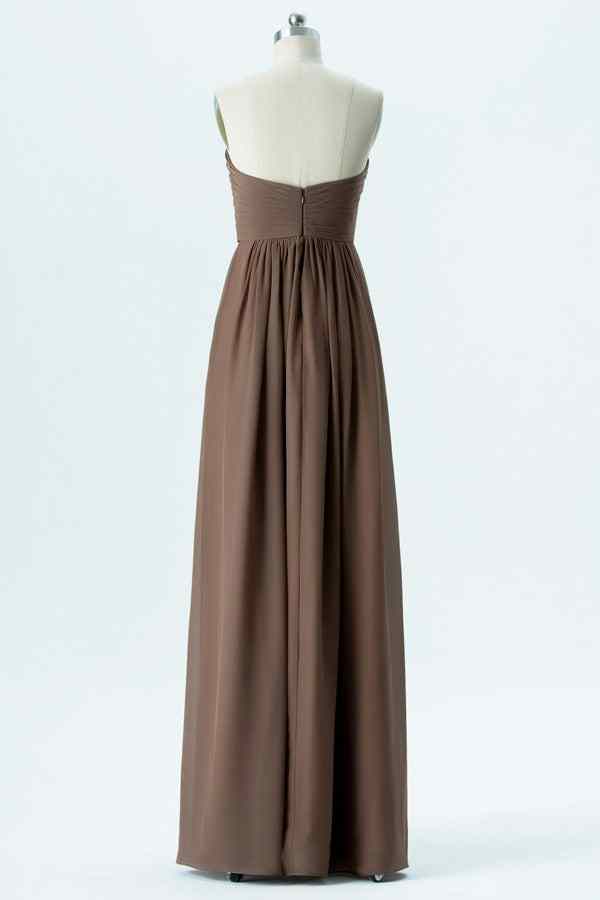 Taupe A-line Strapless Pleated Chiffon Long Bridesmaid Dress