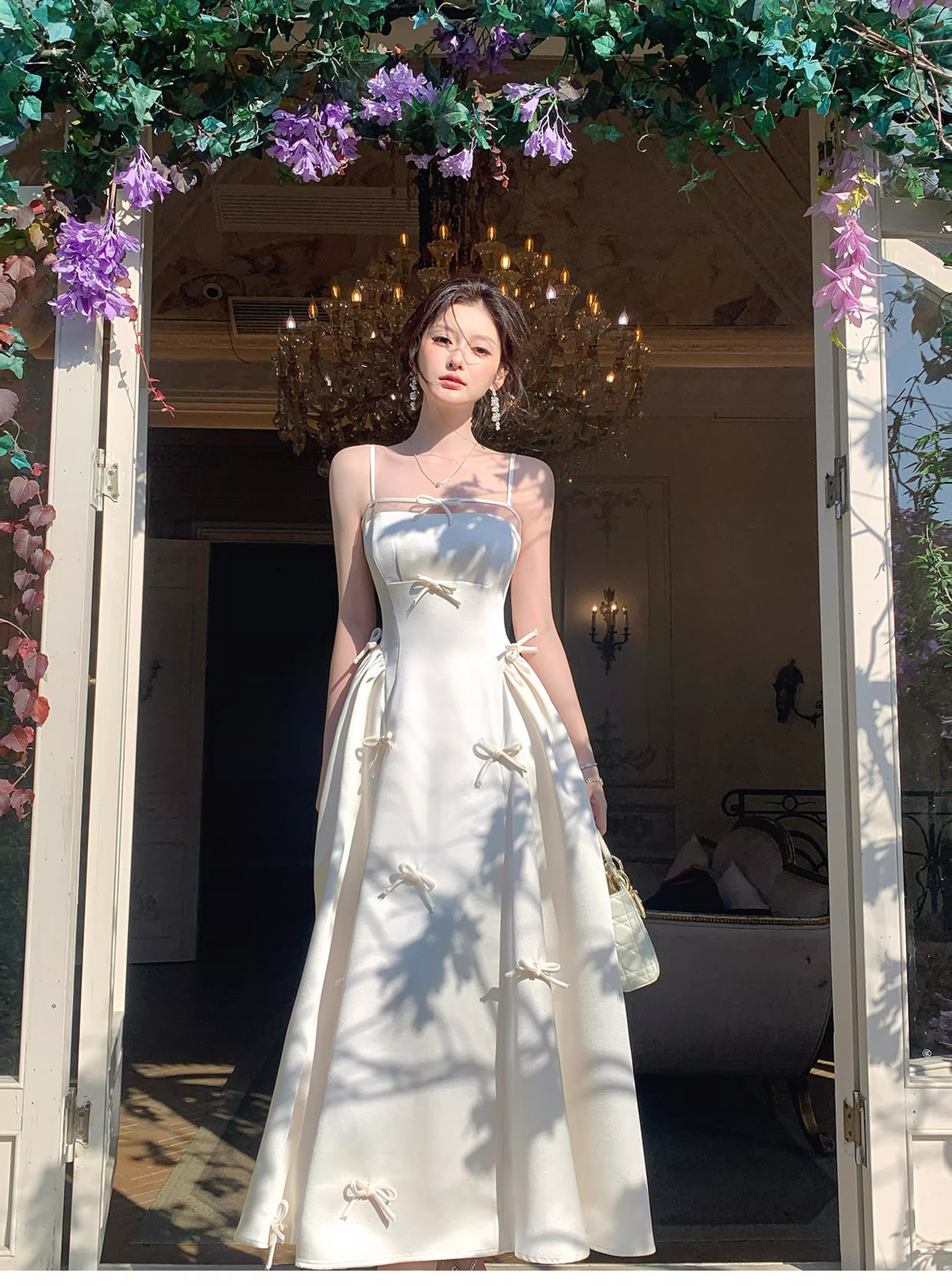 Elegant White Spaghetti Straps Satin A Line Long Evening Dress Birthday Prom Dress With Bow SP1539