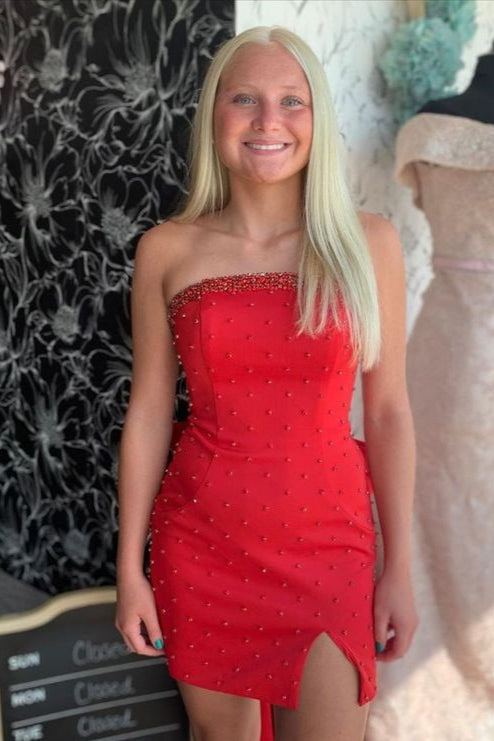 Red Strapless Sheath Tight Homecoming Dress