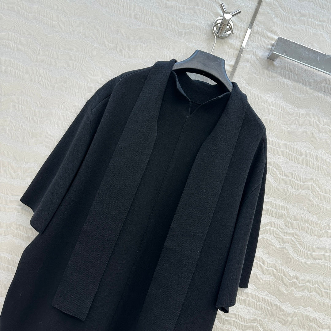 The Row High-End Wool Short-Sleeved Dress With a Ribbon Scarf Black Wool 304588
