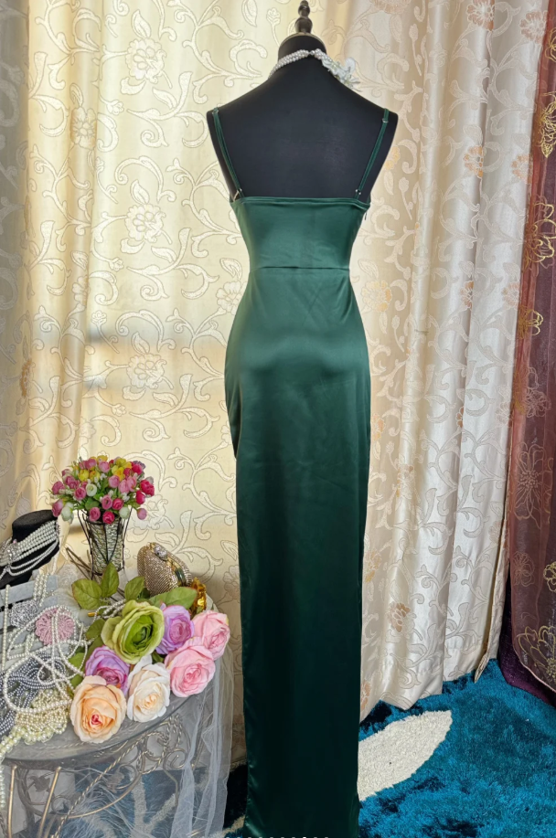 Sexy Spaghetti Straps Emerald Green Satin Sheath Long Evening Dress Formal Wedding Guest Dress SP1894