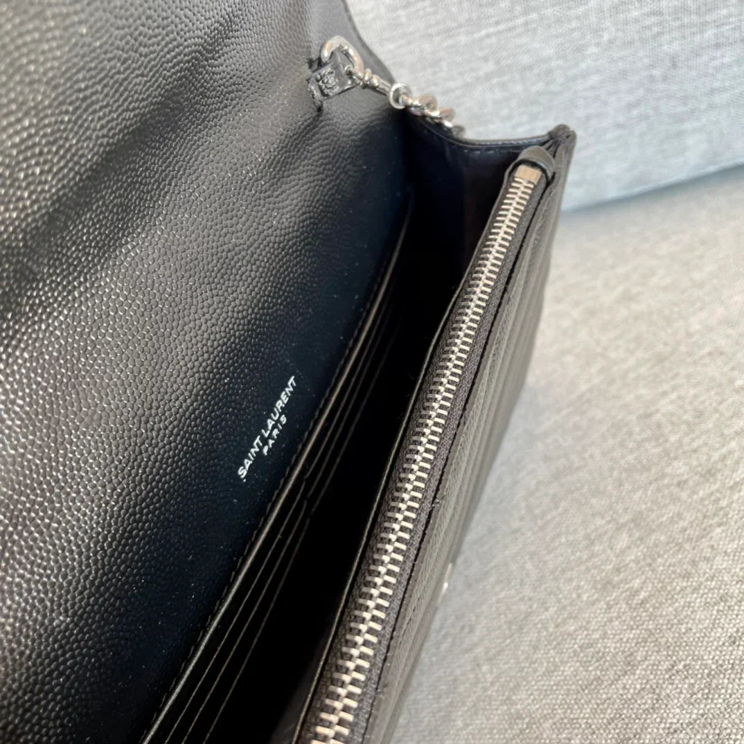 YSL Cassandre Envelope Chain Wallet Black Grain Leather 19x11.5x4 cm