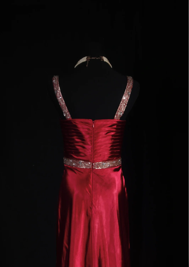 Pretty Burgundy Spaghetti Straps Satin Beaded Mermaid Long Evening Dress Prom Gown SP1697