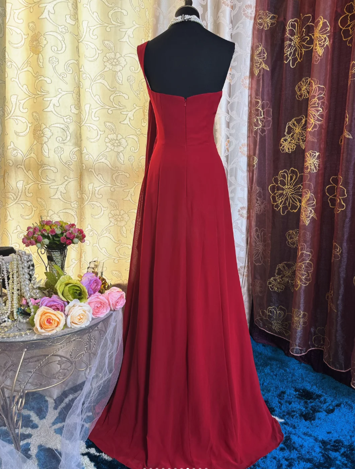 Charming Red One Shoulder Satin Pleated Mermaid Long Party Dress Formal Wedding Guest Dress SP1948