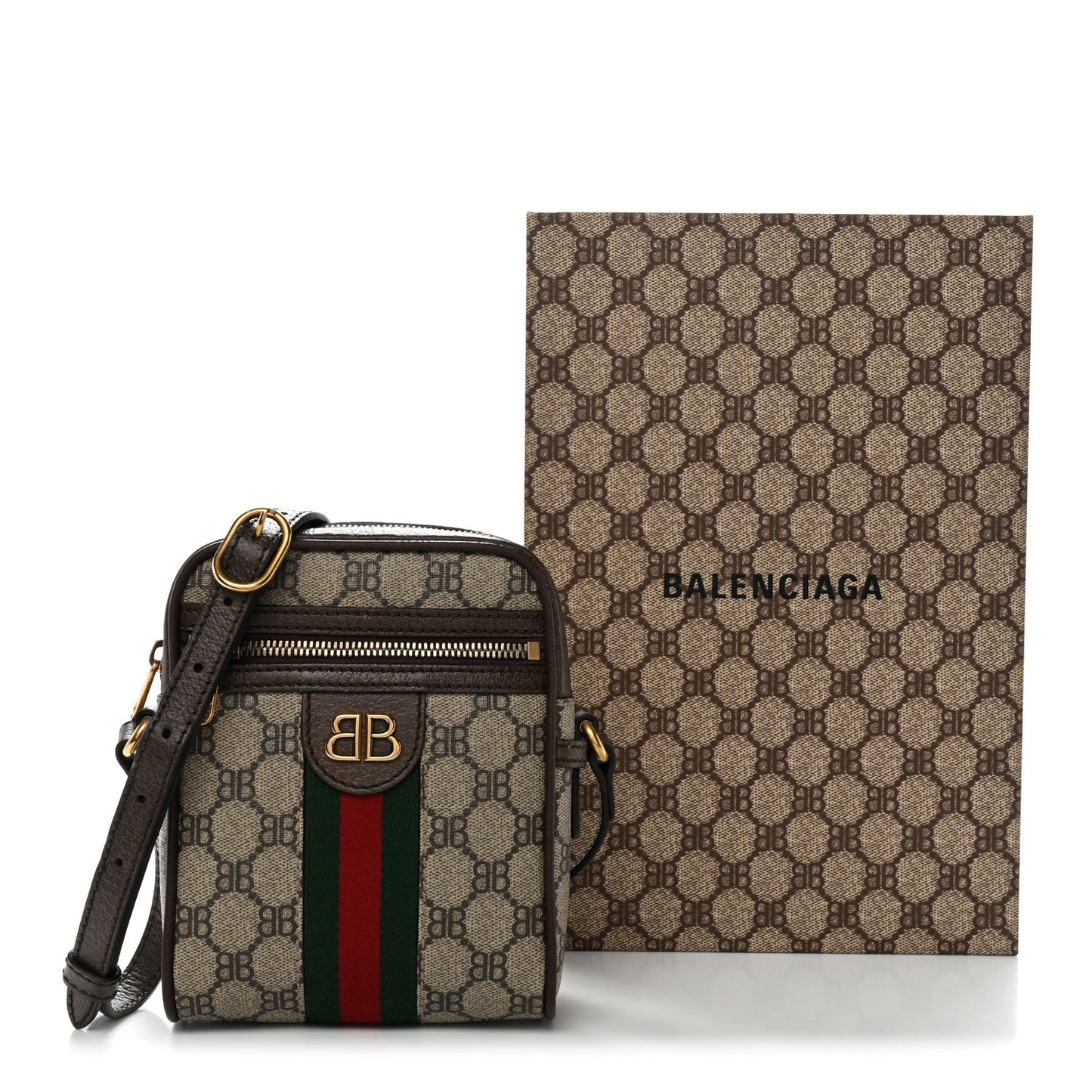 X BALENCIAGA BB Supreme Monogram Web Mini Ophidia Messenger Beige New Acero