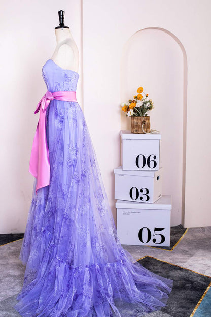 Lavender Strapless Ruffled Floral Long Prom Dress with Bow Sash