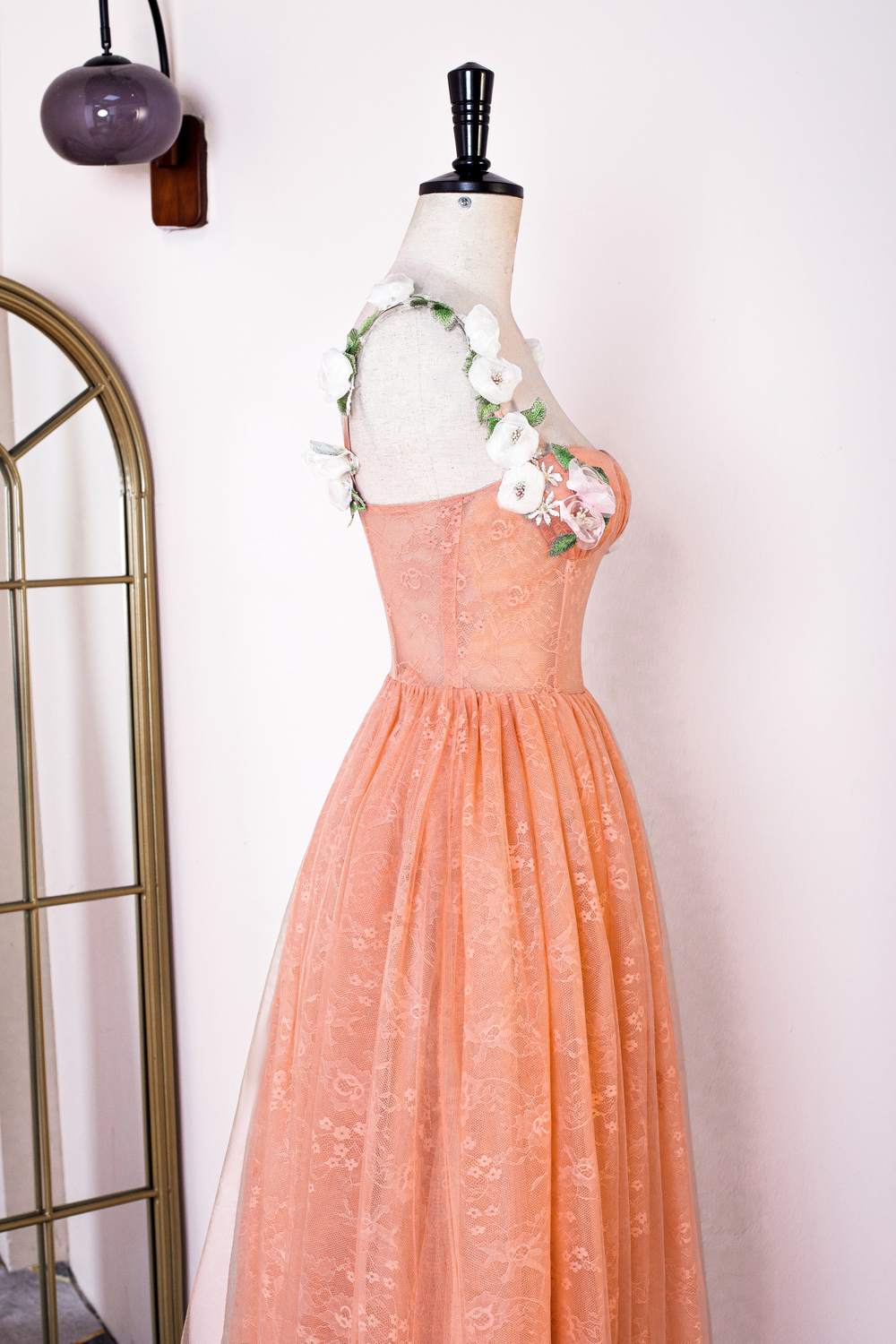 Orange Flower Straps Embroidery A-line Knee-Length Prom Dress
