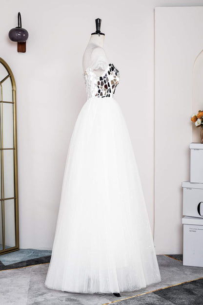 White Mirror-Cut Sequined Top A-line Tulle Long Prom Dress