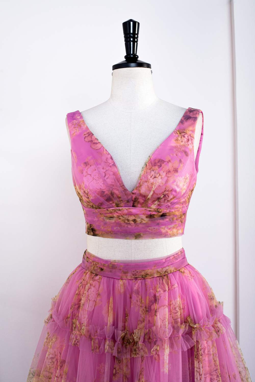 Pink Two-Piece Ruffled Floral Long Prom Dress