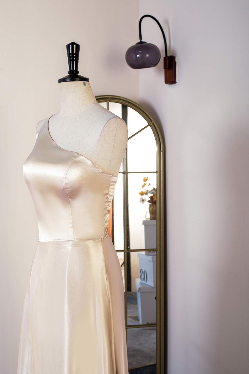 Champagne One Shoulder A-line Satin Knee-Length Bridesmaid Dress