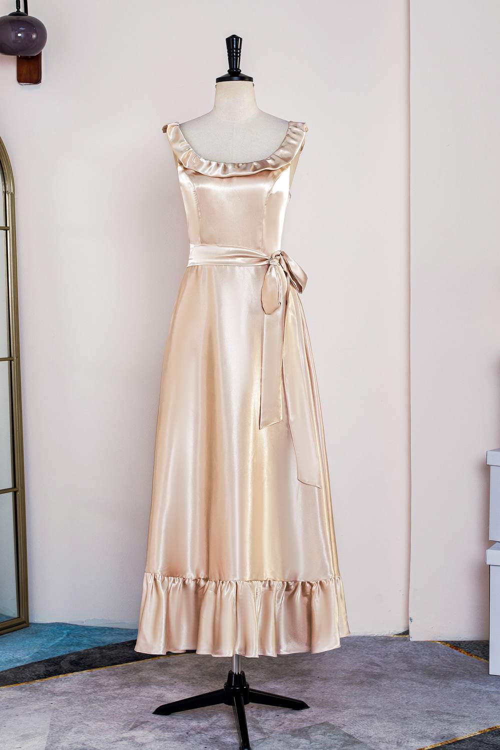 Champagne Ruffled Sleeveless Tea-Length Bridesmaid Dress with Sash