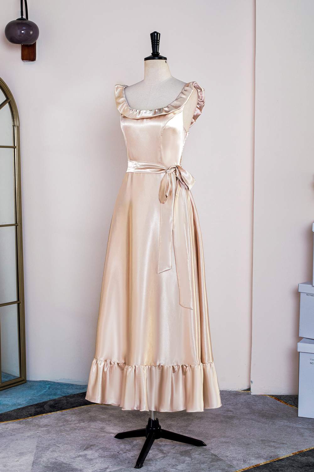 Champagne Ruffled Sleeveless Tea-Length Bridesmaid Dress with Sash
