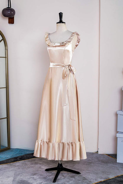 Champagne Ruffled Sleeveless Tea-Length Bridesmaid Dress with Sash