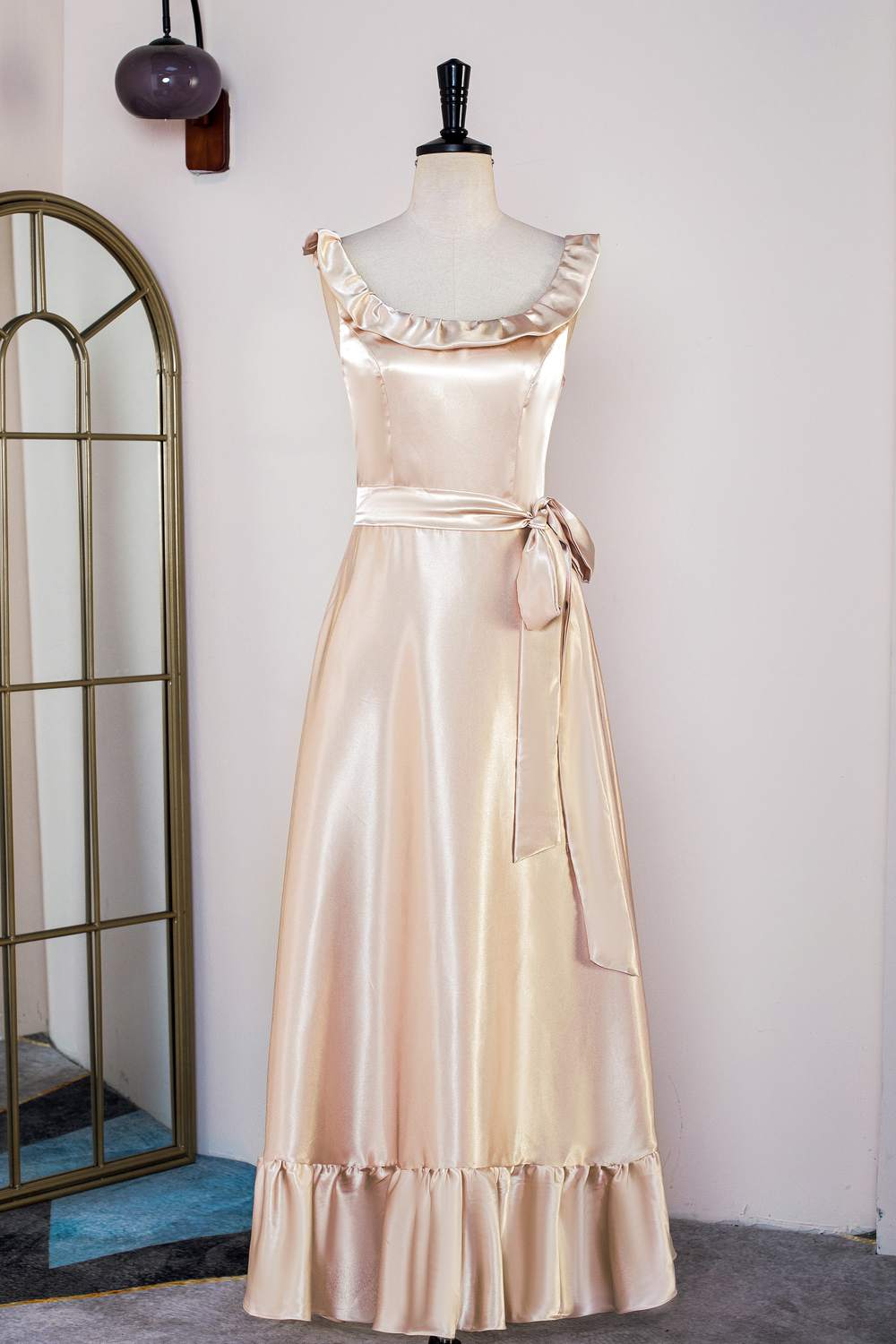 Champagne Ruffled Sleeveless Tea-Length Bridesmaid Dress with Sash