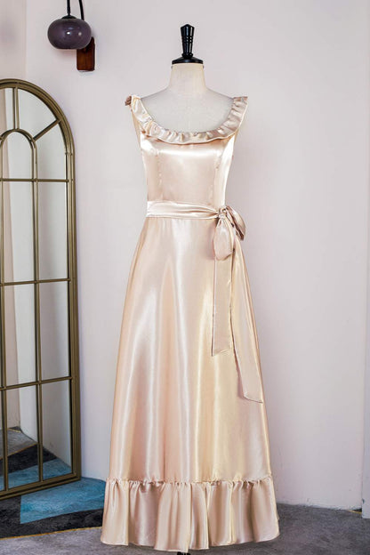 Champagne Ruffled Sleeveless Tea-Length Bridesmaid Dress with Sash