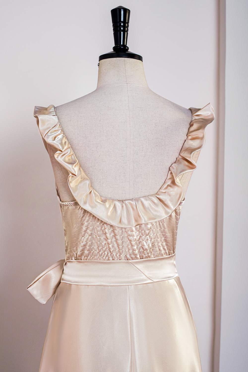 Champagne Ruffled Sleeveless Tea-Length Bridesmaid Dress with Sash