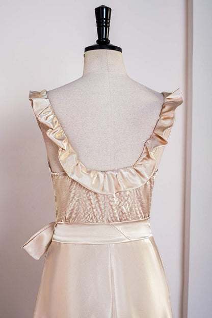 Champagne Ruffled Sleeveless Tea-Length Bridesmaid Dress with Sash