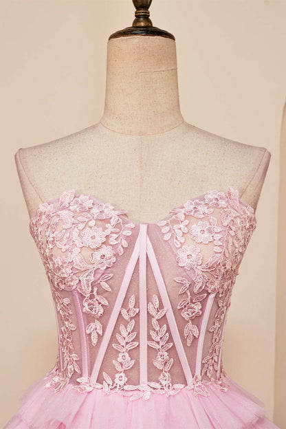 Pink A-line Strapless Appliques Multi-Layers Homecoming Dress