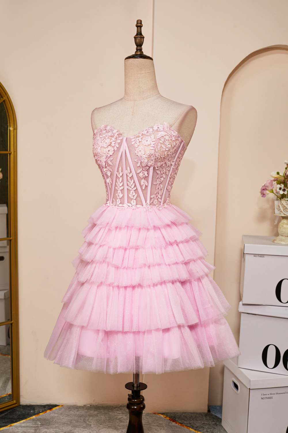 Pink A-line Strapless Appliques Multi-Layers Homecoming Dress
