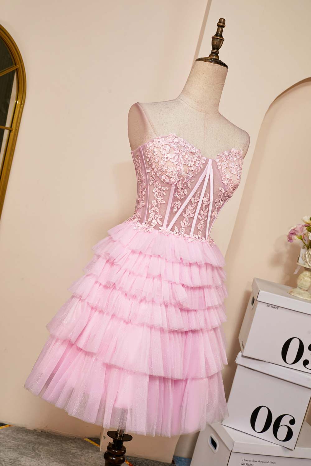 Pink A-line Strapless Appliques Multi-Layers Homecoming Dress