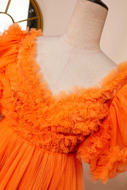 Orange Ruffled V Neck Puff Sleeves A-line Homecoming Dress