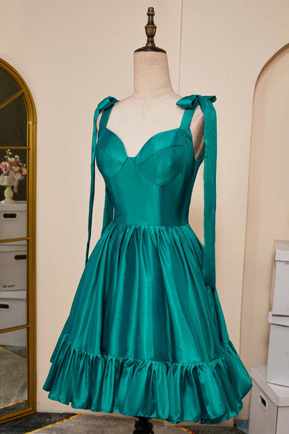 Rose Pink A-line Bow Tie Straps Ruffled Satin Homecoming Dress
