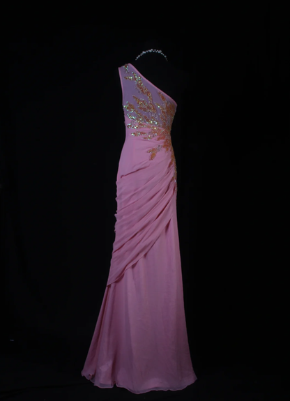Elegant Pink One Shoulder Chiffon Sequin Beaded Mermaid Evening Dress Slit Long Birthday Prom Dress SP1692