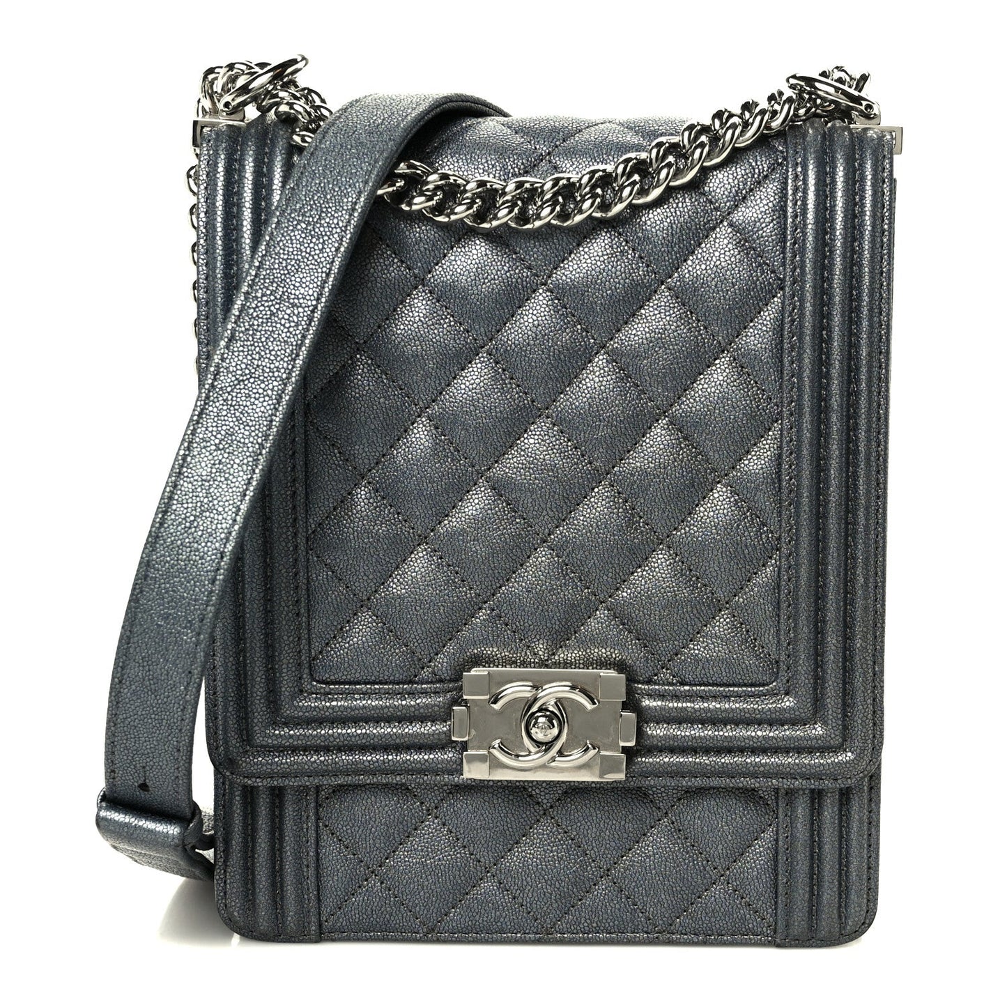 Iridescent Caviar Quilted North South Boy Flap Silver