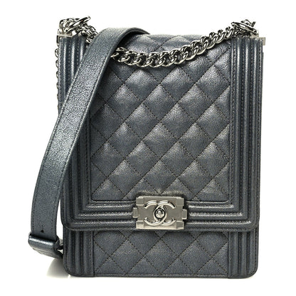 Iridescent Caviar Quilted North South Boy Flap Silver