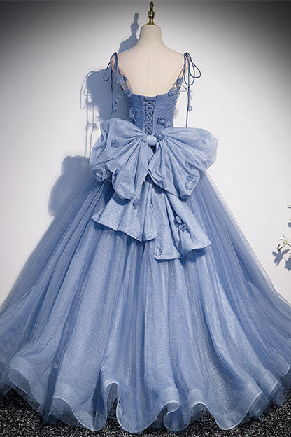 Tulle A-Line Tie Straps Prom Party Dress With Florals And Bow