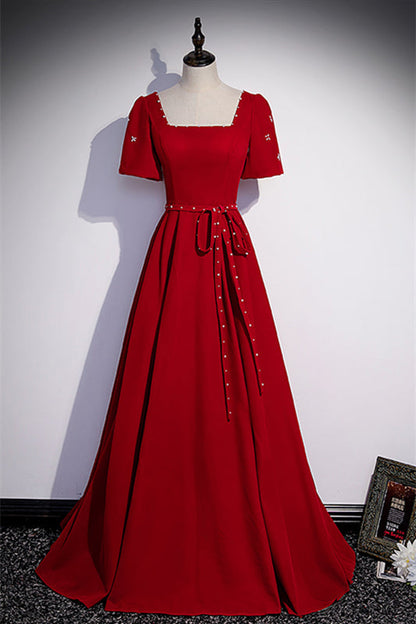 Square Empire Short Sleeves A-Line Satin Long Party Prom Dress