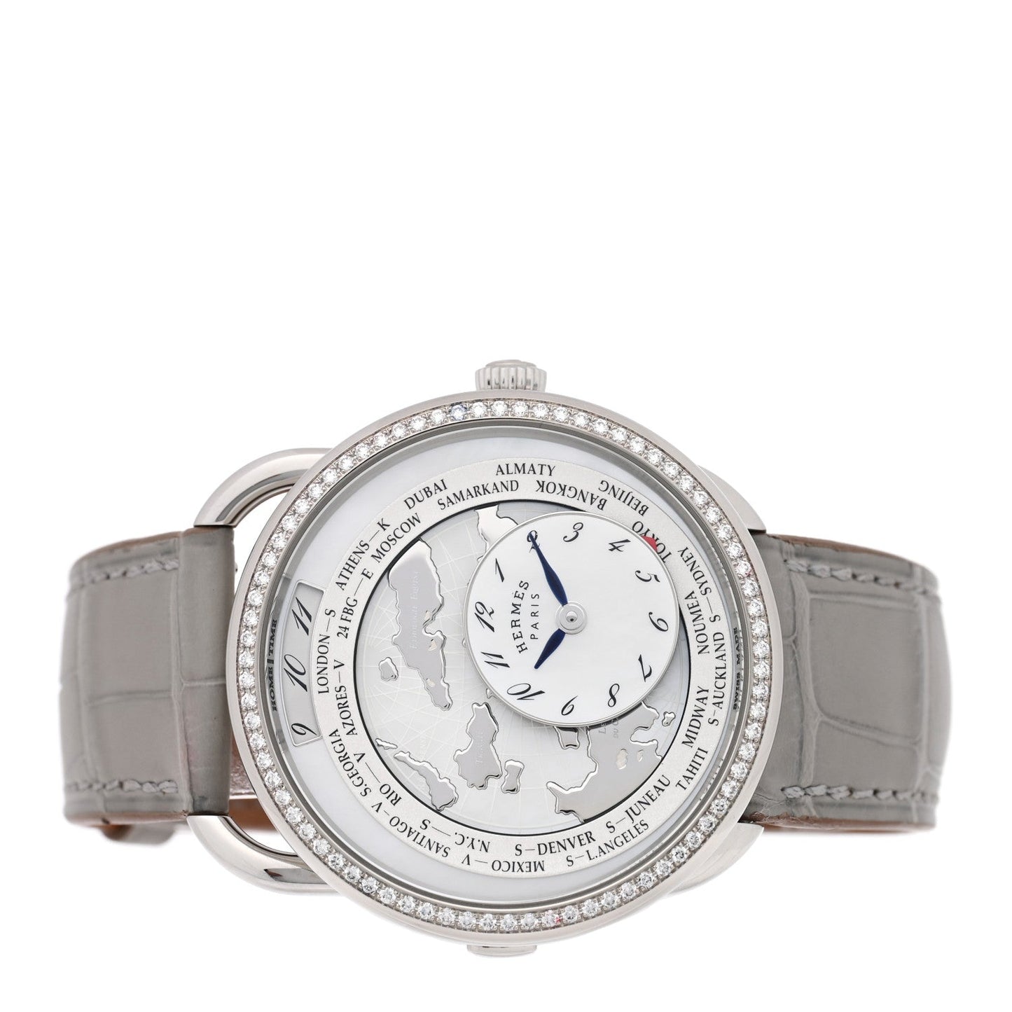Stainless Steel Alligator Diamond Bezel Mother of Pearl 38mm Arceau Le Temps Voyageur Automatic Watch Gris Perle