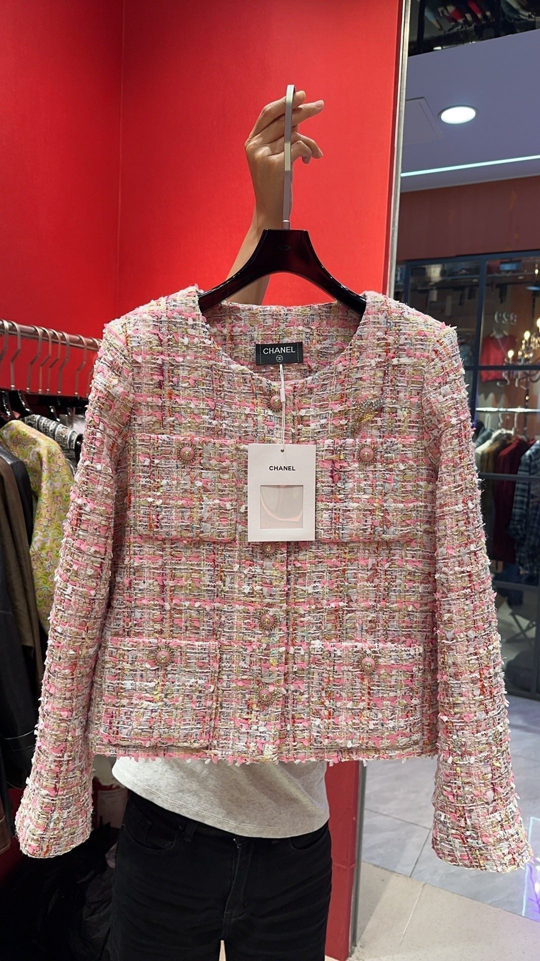 CC Brooch Tweed Pink Jacket