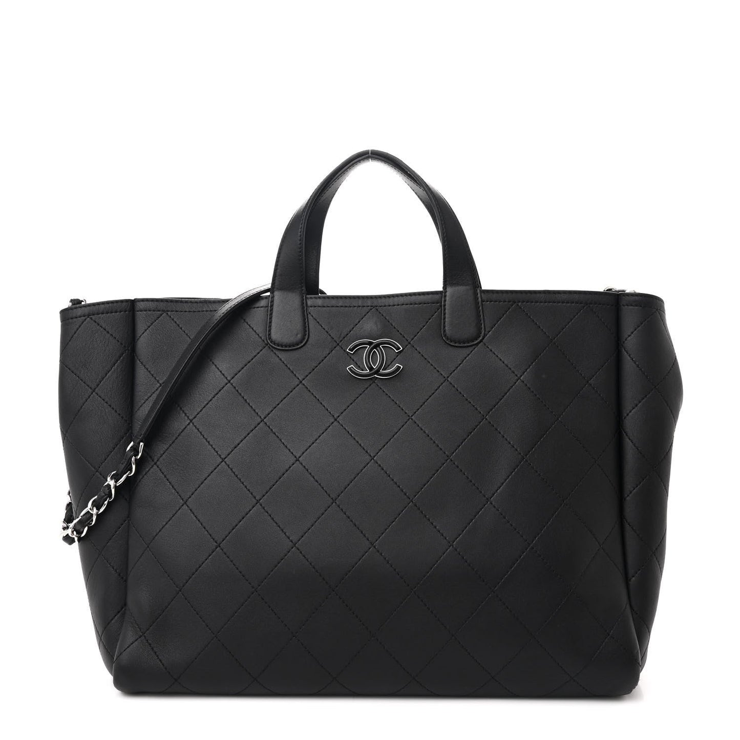 Caviar Stitched Large Lady Coco Shopping Tote Black