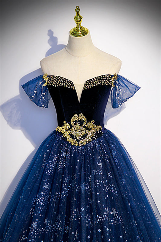 Sweetheart Off-Shoulder Tulle A-Line Sparkly Prom Gown
