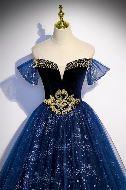 Sweetheart Off-Shoulder Tulle A-Line Sparkly Prom Gown