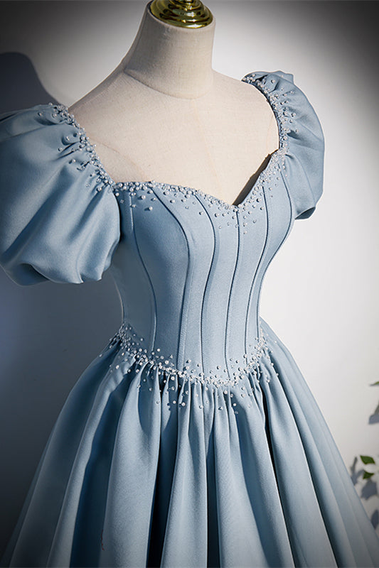 Puff Sleeves Sweetheart Satin A-Line Long Formal Prom Dress