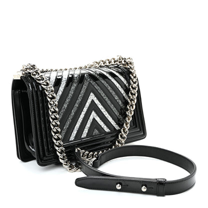 Patent Glitter PVC Chevron Quilted Medium Boy Flap Black Silver