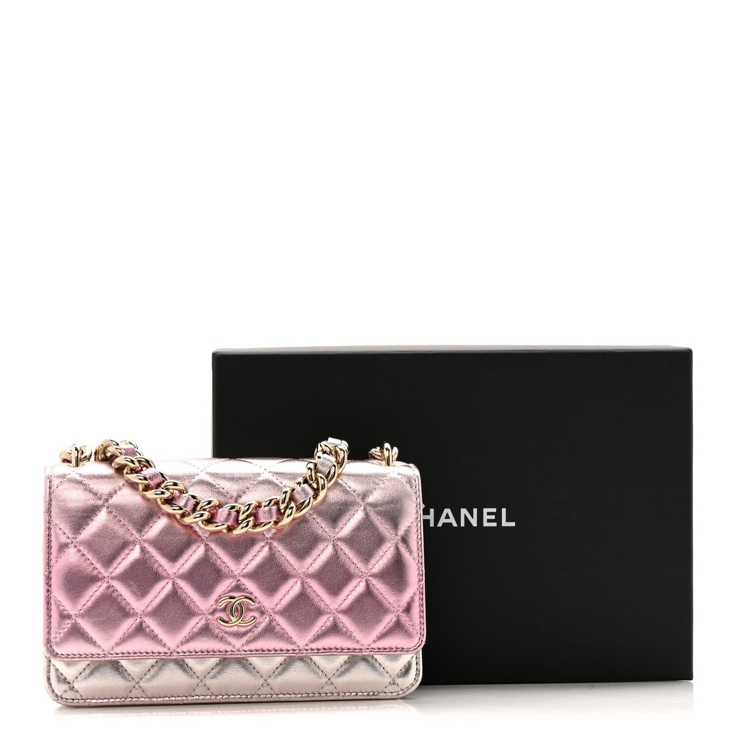 Gradient Metallic Lambskin Quilted Like A Wallet Wallet On Chain WOC Gold Pink