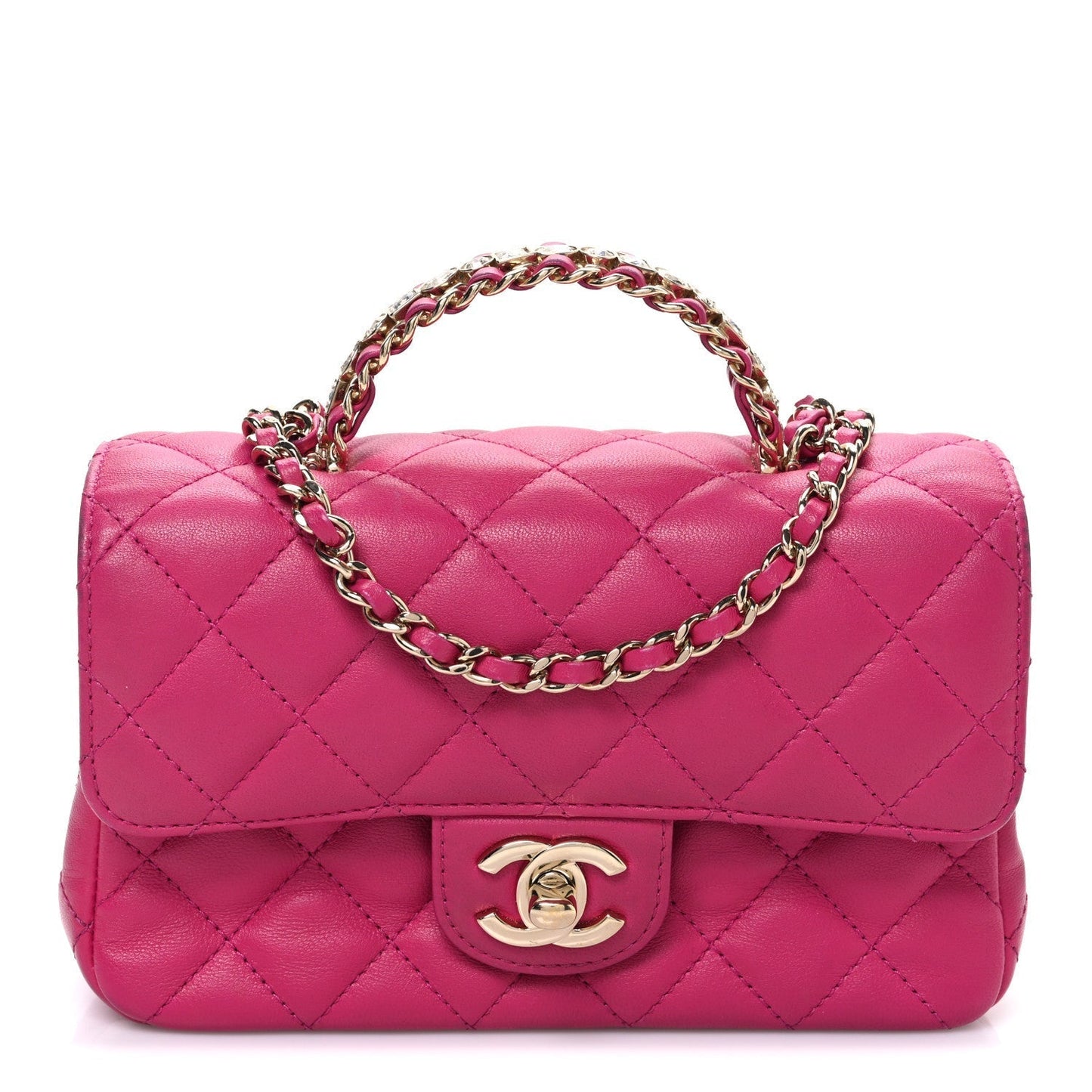 Lambskin Quilted Mini Crystal Top Handle Rectangular Flap Dark Pink
