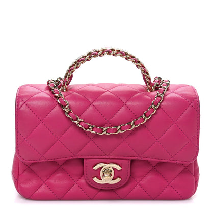 Lambskin Quilted Mini Crystal Top Handle Rectangular Flap Dark Pink